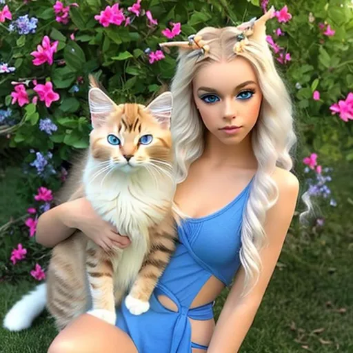 Prompt: gorgeous young female, blue eyed blonde who is half cat and half woman , attractive body , very pretty face, cat paws and tail, cat wiskers