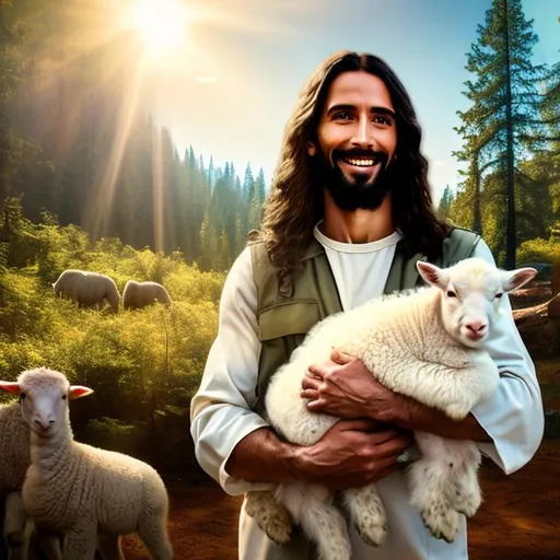 Prompt: cinematic image of caring Jesus holding a baby white soft smiling lamb in his arms, forest background, sunny day,fix hand