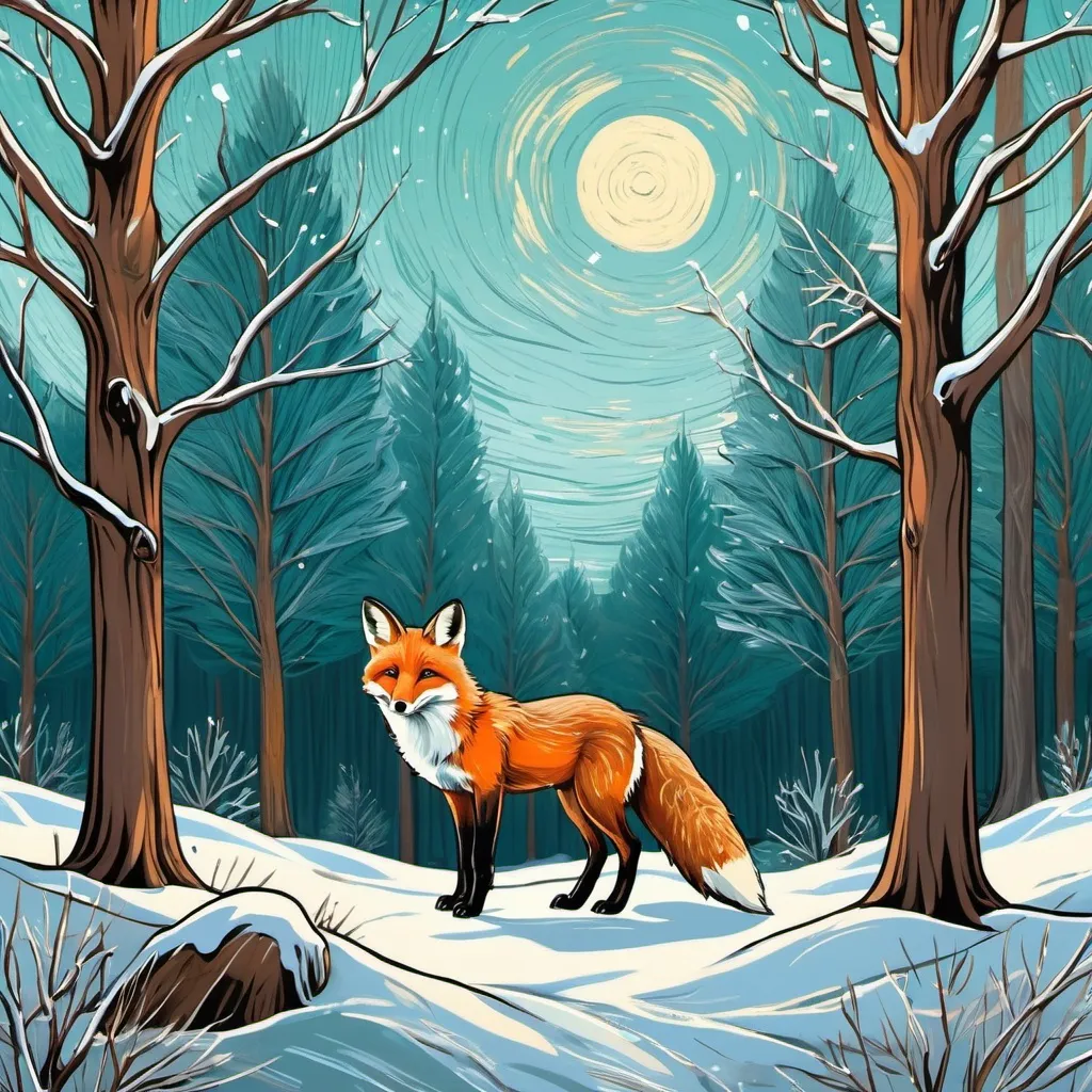 Prompt: Trees, forest, winter, little fox, wind, van gogh style realistic