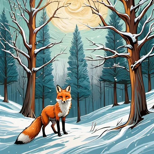 Prompt: Trees, forest, winter, little fox, wind, van gogh style realistic
