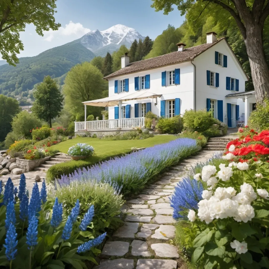 Prompt: A white country house with blue shutters and a terrace and beautiful garden fullof flowers, with woods and a mountain at the backgrounds, and river in front of it. 