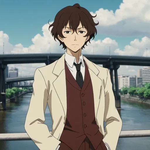 Prompt: 1990s anime screencap, Dazai Osamu from anime bungou Stray dogs standing by the river of Yokohama, anime scene