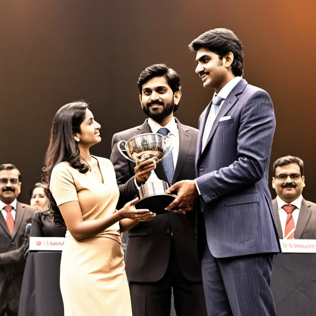 Prompt: A man receiving a trophy from a woman on a stage. Several people are in the audience. All are wearing business suits. The setting is a high end convention centre. People in the audience are a mix of men and women. All are Indians