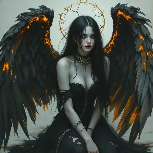 Prompt: An angelic woman, soft delicate features, long black hair streaming down her neck, facing to the side, Her wings look tattered and burned, the halo around her head has a crack. She wears a thick metal collar around her neck which is chained to the ground and. She is wearing a gothic dress that is elegant yet torn and dirty, torn down from the shoulder. She has shimmering silver blue eyes.  She is kneeling. 