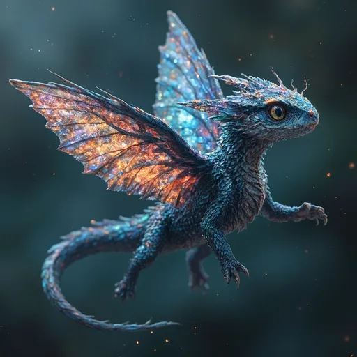 Prompt: Dragon, small, in flight, butterfly wings, gemstone scales, eyes painted like the nights sky, soft ethereal lighting, high definition rendering