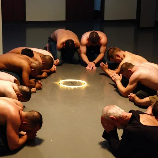 Prompt: 10 adult men wearing no shirts. They are circled around, on knees and face down, praying on the ground. All facing towards the center floor, worshipping one centered deity in a low lit room.