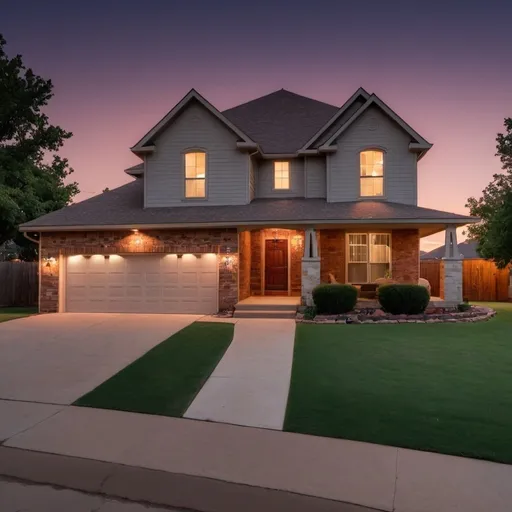 Prompt: A high quality real estate listing photo for a home in oklahoma

front of house

make it a twilight photot
