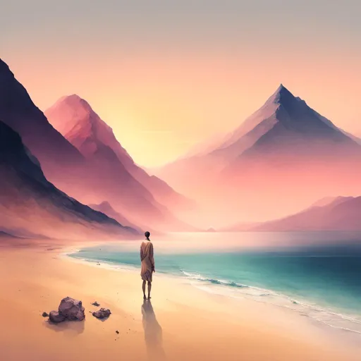 Prompt: <mymodel> landscape with beach, golden ratio, faded colors, sunset, calm ocean, majestic mountains, haze
