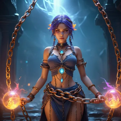 Prompt: (game girl character, chained together), fantasy setting, intense atmosphere, dynamic poses, vibrant colors, glowing chains, mystical aura, dramatic lighting, intricate character design, detailed environment, high contrast, ethereal background with swirling mist and floating elements, intense expressions, ultra-detailed, 4K, trending on artstation, unreal engine quality