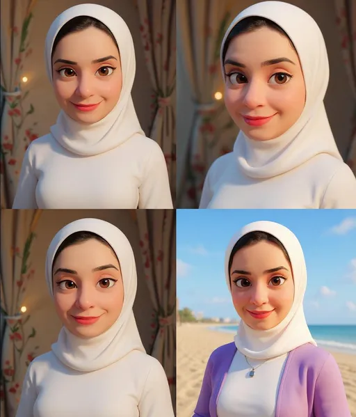 Prompt: 
Create a Pixar-style 3D cartoon character inspired by a young Egyptian woman. She has a friendly and warm smile, fair skin with a natural pink blush, expressive brown eyes, and dark eyebrows. Her face is heart-shaped with soft features and a gentle glow. She wears a white hijab wrapped neatly, and in one scene she wears a white blouse with a visible lanyard, while in another she's wearing a white top with a transparent lavender cardigan. Add delicate details to reflect her cheerful personality and confidence.

Environment: One version indoors with soft warm lighting and floral curtains, the other version outdoors in a sunny urban beach setting with soft shadows and sunlight bouncing off her face.

Style: Pixar animated style with smooth textures, big expressive eyes, soft lighting, subtle shadows, and a polished 3D render. The final look should be vibrant, positive, and reflect a joyful and kind-hearted personality. Slight wind effect on clothes for realism.

Camera: Close-up portrait, ¾ angle, shallow depth of field, Pixar cinematic framing.

