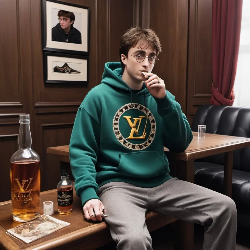 Prompt: Harry potter sipping lean and smoking a blunt while wear a louis vuitton hoodie with balenciaga sneakers on