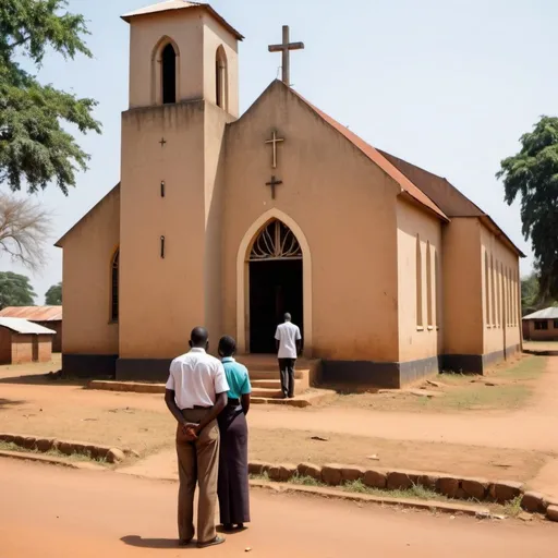 Prompt:  Can depict, a church building and at least two people in a sorrowful presentation in the zambian context and the image must be high quality
