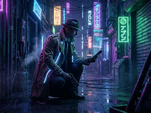 Prompt: a cyber puk detective in a neon lit alley,cinematic lightning,detailed
