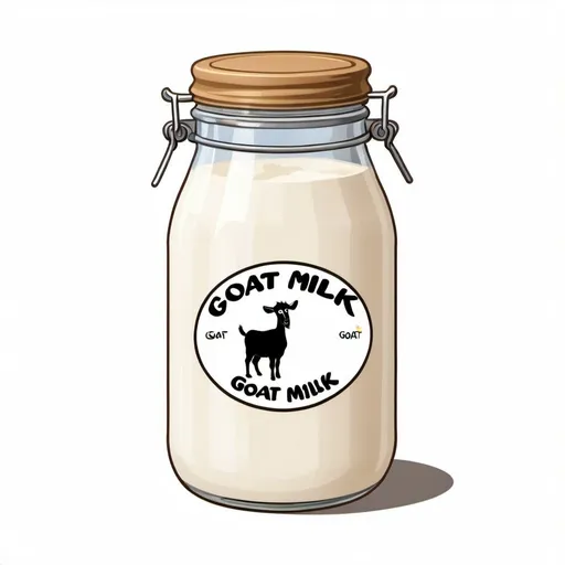 Prompt: old-fashioned jar of goat milk. no actual picture of a goat. just a label that says "goat milk". make it cartoony, fresh, and make goat milk drip. blank background. make it less realistic. Cartoon. cartoon. cartoon
