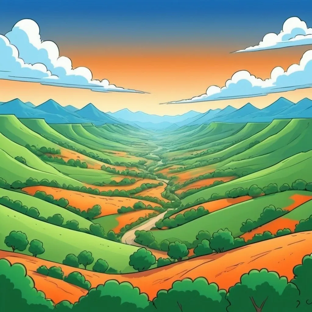 Prompt: valley of orange, green, and also blue hued sky. cartoon cartoon cartoon
. cartoon. 