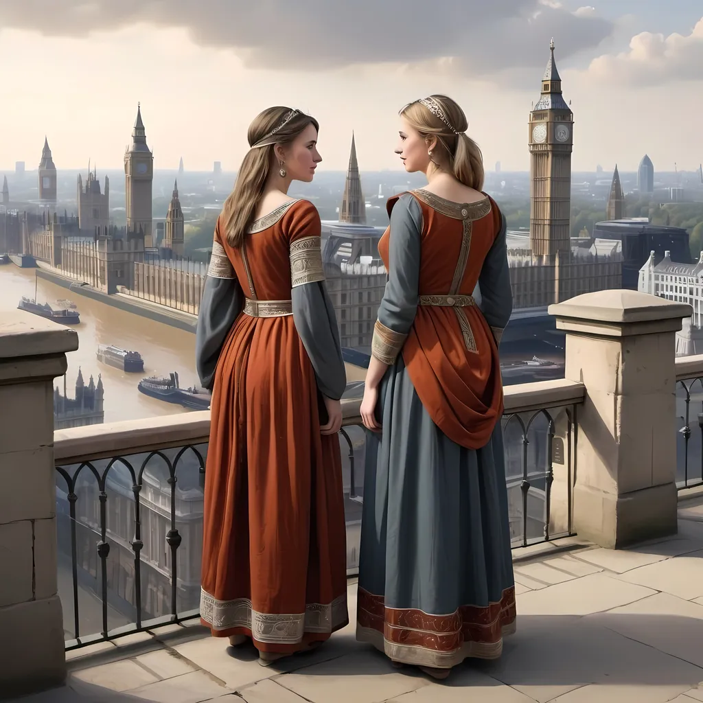 Prompt: London, 8th century, traditional dresses , realistic , city view