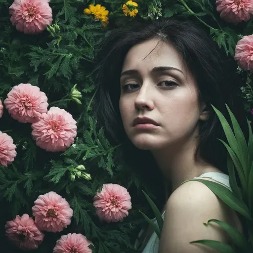 Prompt: Woman, flowers, sadness, plants background