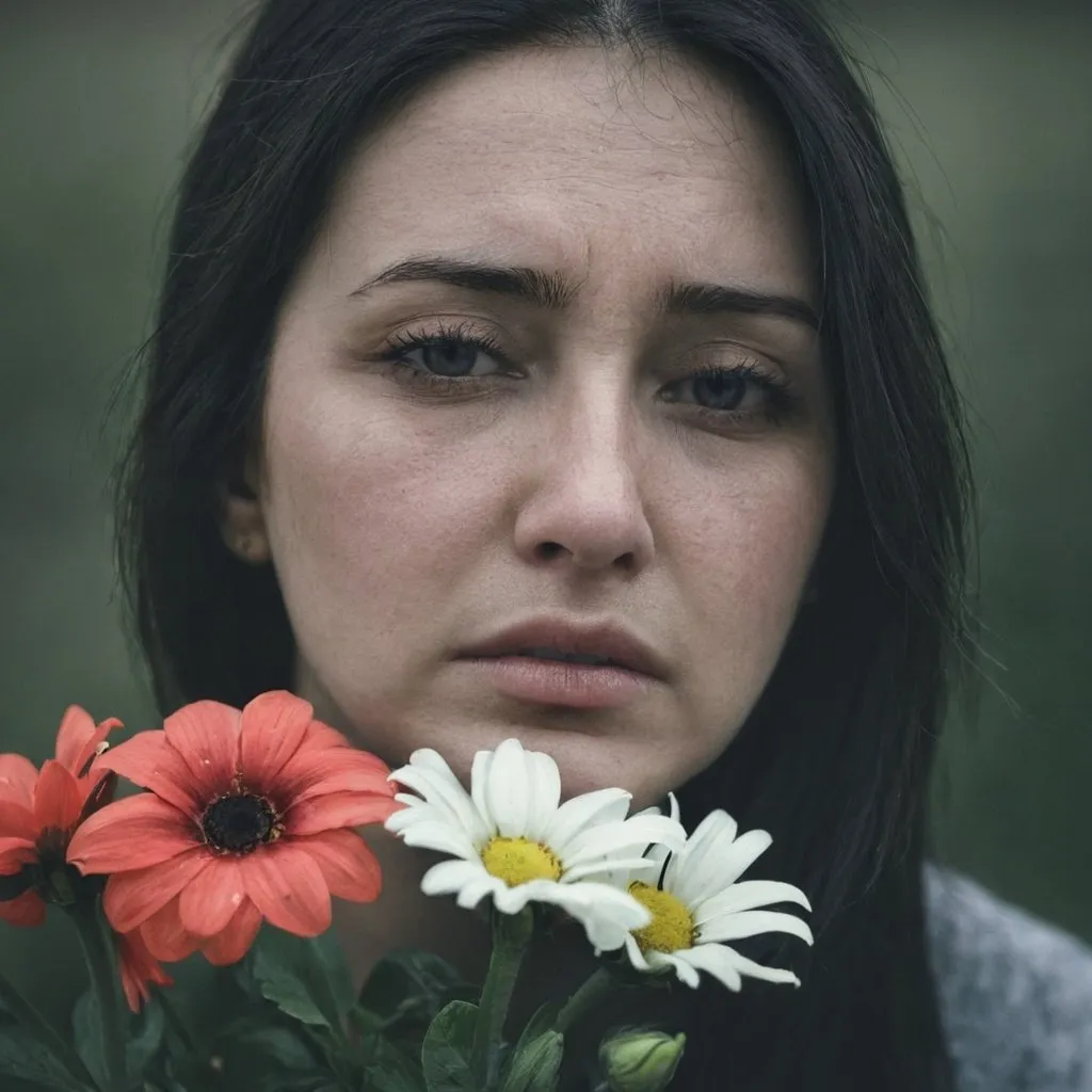 Prompt: Woman, flowers, sadness