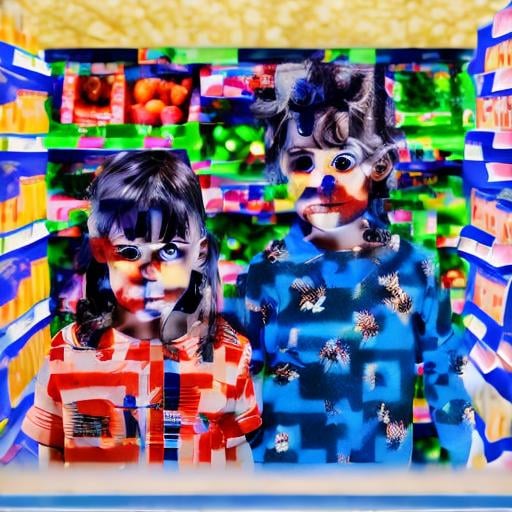 Prompt: two children inside a supermarket in a horror film, blue colors and dimmed
