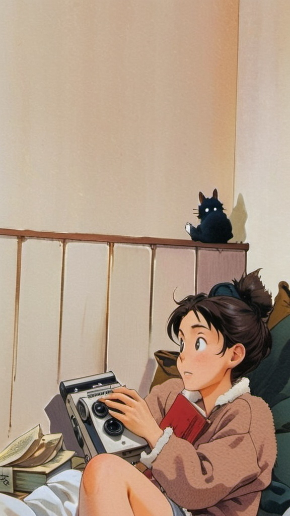 Prompt: 2d studio ghibli anime style, Nestled in a cozy corner, a young woman engrossed in a book radiates tranquility, her expression focused yet serene. Dressed in a soft, beige fleece jacket over a warm orange top, she relaxes against dark pillows, surrounded by textured blankets. The background features a minimalist aesthetic with pale walls and a light wood headboard, creating a peaceful indoor atmosphere. A vintage camera rests on the shelf, hinting at the blend of modern comfort and nostalgic charm. The warm, muted tones envelop the scene, enhancing the overall sense of calm and introspection as she immerses herself in her reading.