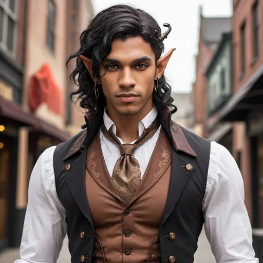 Prompt: Fit Male Body, 20 years, light brown skin, elf ears, steampunk city, blood orange eyes, wavy long black hair, fine nose.