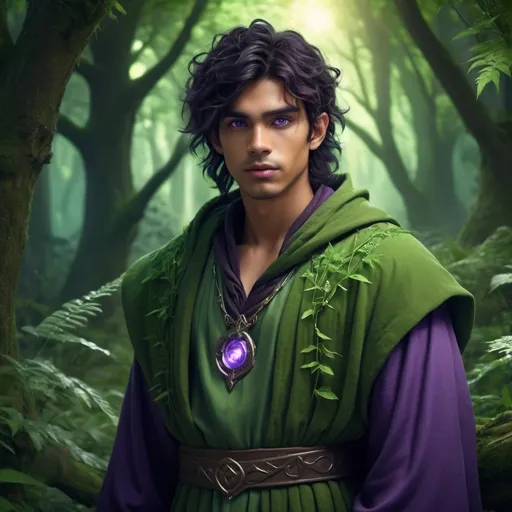 Prompt: Male, 20 years, Light Brown Skin, Purple Eyes, Black Messy Hair, Fantasy, Medieval green robes, Magic, Druid.