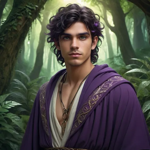 Prompt: (druid character), 20 years old, male, (light brown skin), (purple eyes), (black messy hair), adorned in (Greek robes), displaying (mystical energy), in a fantastical forest setting, (lush greenery and glowing plants) adding a magical ambiance, (soft, ethereal lighting) enhances the overall mood, 4K, ultra-detailed, (epic fantasy atmosphere).