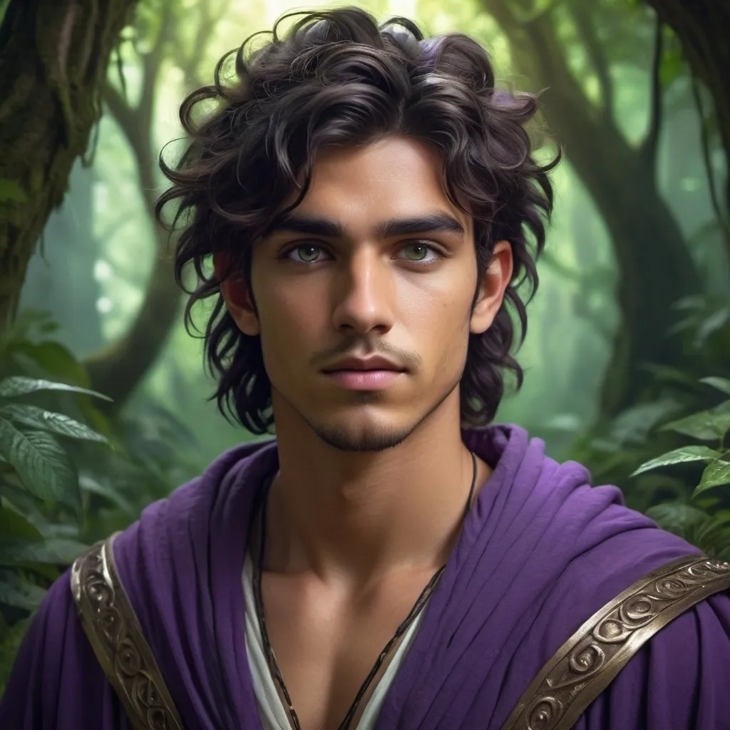 Prompt: (druid character), 20 years old, male, (light brown skin), (purple eyes), (black messy hair), adorned in (Greek robes), displaying (mystical energy), in a fantastical forest setting, (lush greenery and glowing plants) adding a magical ambiance, (soft, ethereal lighting) enhances the overall mood, 4K, ultra-detailed, (epic fantasy atmosphere).