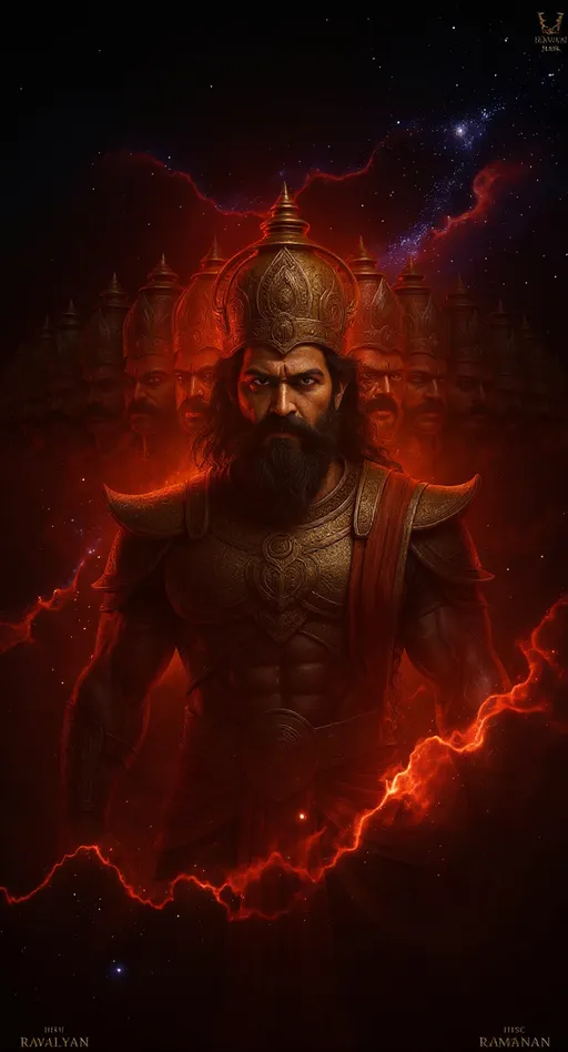 Prompt: Epic cinematic reveal of Ravana’s face emerging from the red cosmic void, glowing fiery nebula and swirling galaxies behind him, dark mythological tone, hyper realistic face with sharp masculine features **exactly like Indian actor Yash**, strong jawline, intense eyes, rugged beard, powerful physique, golden crown, ten distinct shadowed heads forming around his main Yash-inspired face, dramatic cosmic background in intense red and black, mythic divine aura, ultra detailed, cinematic teaser style, 8k resolution, volumetric lighting, fantasy realism, inspired by Indian epic Ramayana