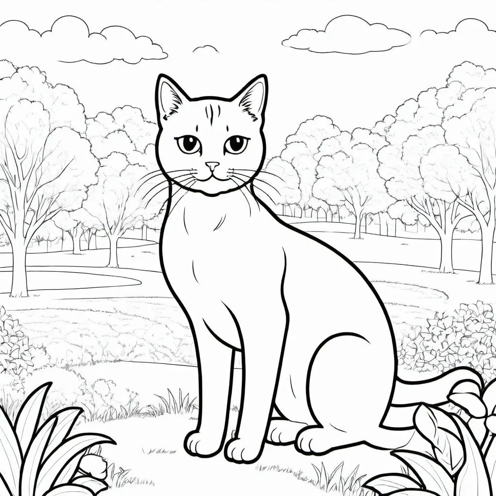 Prompt: cat in the park, simple black and white coloring book art, in the style of <mymodel>