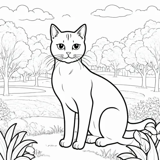 Prompt: cat in the park, simple black and white coloring book art, in the style of <mymodel>