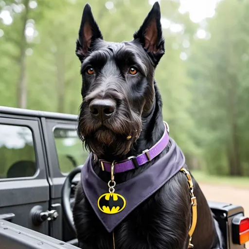 Prompt: A black giant schnauzer with a big and very full beard with long eyebrows that droop over his brown eyes with pointed standup ears and a purple collar with a Batman charm dangling from the collar standing in a jeep wrangler wearing airplane goggles