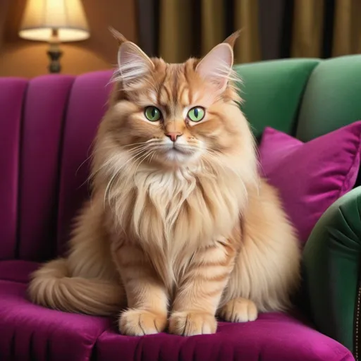 Prompt: Petite baby faced, solid buff-colored long-haired cat, full buff-colored mane, short legs, green eyes, sitting on plush magenta-colored velvet couch, professional-grade realistic rendering, detailed fur, vibrant colors, cozy atmosphere, high quality, realistic, detailed, warm tones, plush velvet couch, cozy lighting