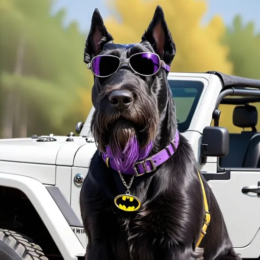 Prompt: A black giant schnauzer with a big and very full beard with long eyebrows that droop over his brown eyes with pointed standup ears and a purple collar with a Batman charm dangling from the collar standing in a jeep wrangler wearing airplane goggles with a Disney cartoon final image