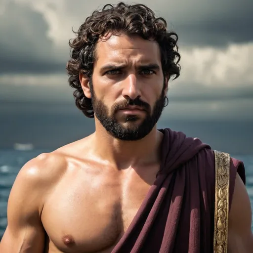Prompt: Create an image of Odysseus, the Greek hero from Homer's Odyssey. Depict him with strong, intelligent facial features, dark curly hair, and a full beard. He should be wearing a worn Greek chiton and a cloak, with a bow or sword in hand. His expression should convey determination and wisdom, and his surroundings should hint at his long journey and adventures