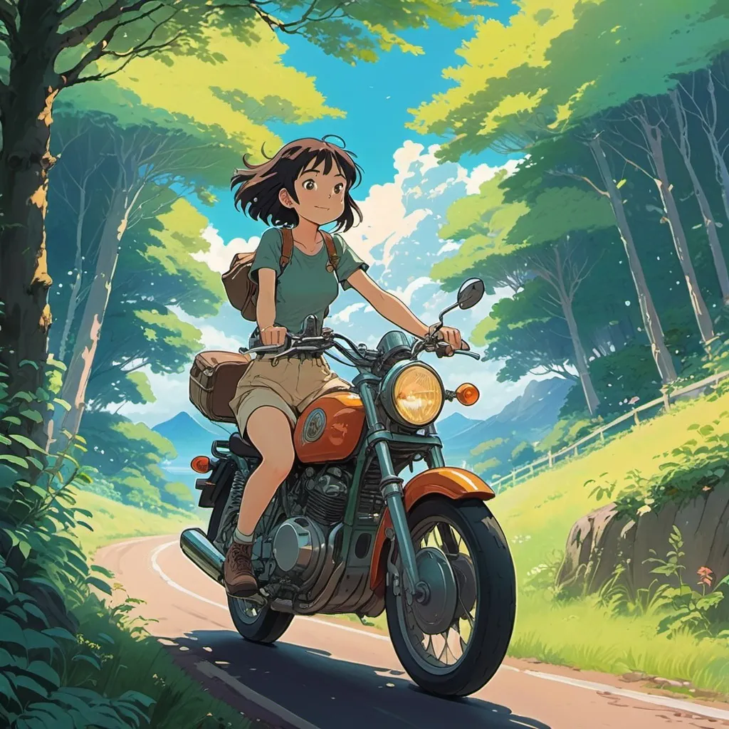 Prompt: 2d studio ghibli anime style, girl on motorcycle, anime scene