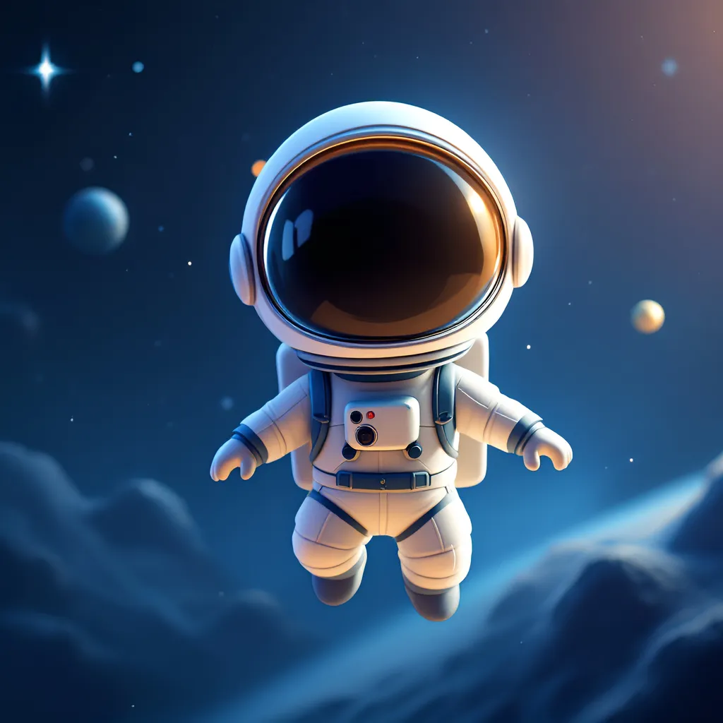 Prompt: A cute small astronaut floating in space, big round helmet, white and blue spacesuit, small backpack booster, short and stubby body, soft lighting, Pixar style
