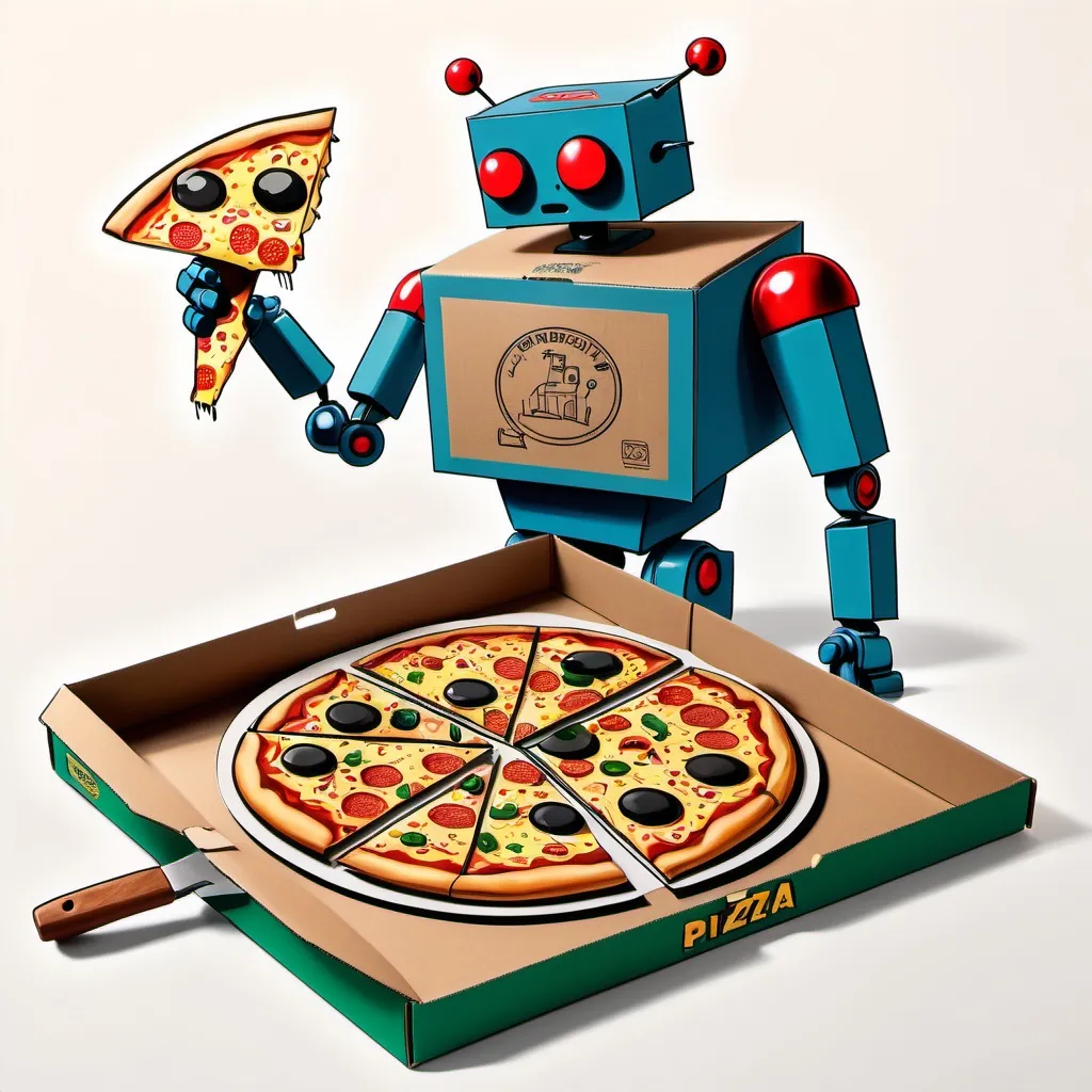 Prompt: a drawing of a pizza box with a pizza on top of it, with a pizza cutter on top of it, Altoon Sultan, lyco art, robot, a child's drawing