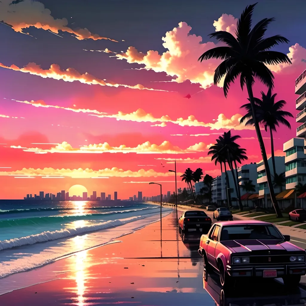 Prompt: Create a vice city stile image of Miami Beach shore with cars and ocean sunset