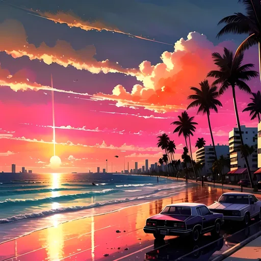 Prompt: Create a vice city stile image of Miami Beach shore with cars and ocean sunset