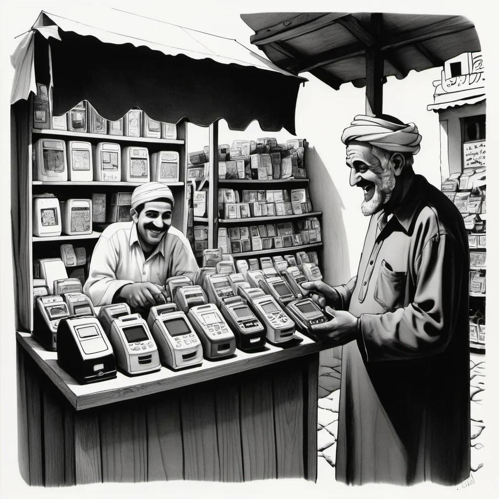 Prompt: A happy Arab selling mobile phones an pagers in a little market stall drawn in black and white pen and ink Charles Addams style