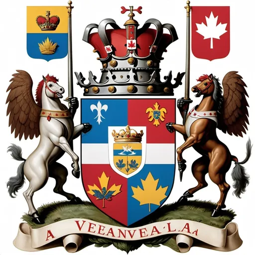 Prompt: An argentine, venezuelan and canadian coat of arms with knights and castles
