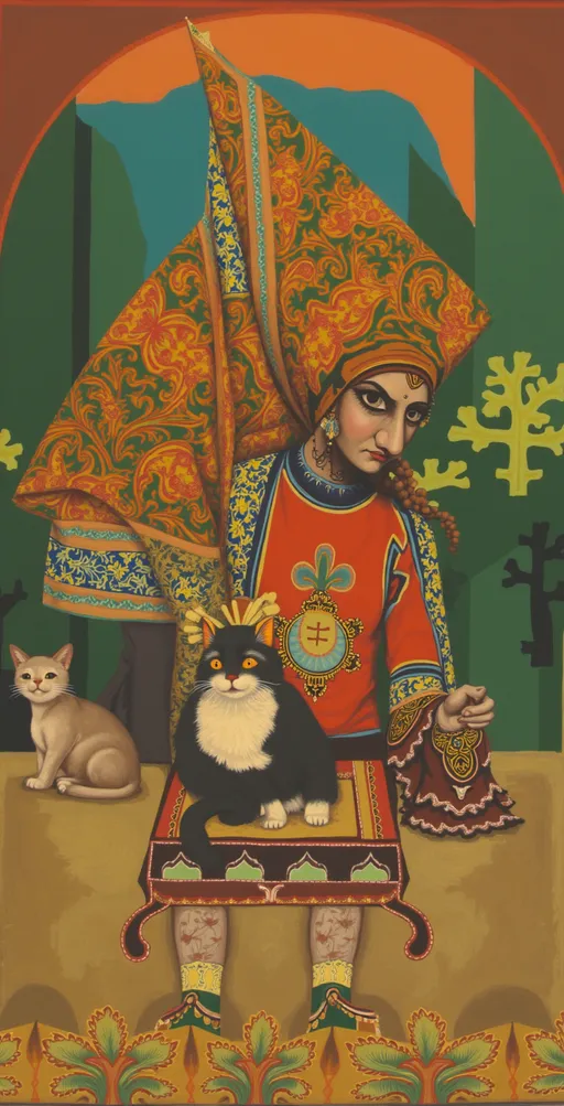 Prompt: A ghagar Persian girl who dance with her Persian cat 