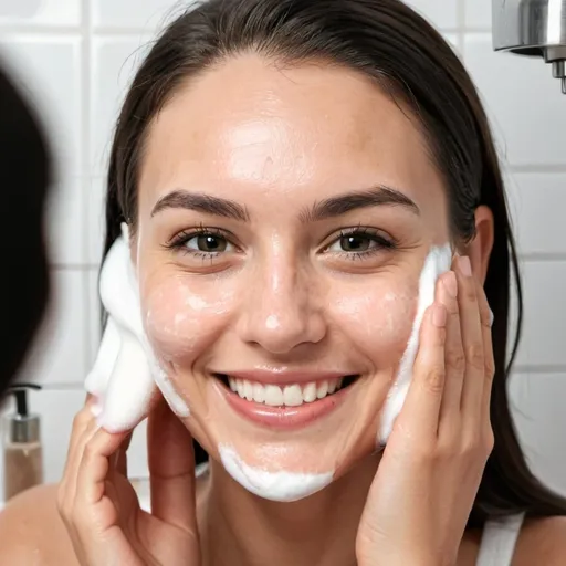 Prompt: woman with smooth skin with good skin washing her face with a smile using a foaming face wash. By the sink