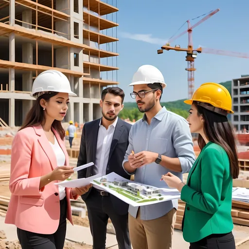 Prompt: people analyzing architecture models in outdoor meeting at a construction site, vibrant and lively colors, detailed facial expressions, lush green surroundings, clear skies, high quality, detailed characters, ads-fashion editorial style, casual attire, diverse group, cheerful atmosphere, professional, architectural setting, urban, scenic view, vibrant colors, detailed facial expressions, lush green surroundings, clear skies