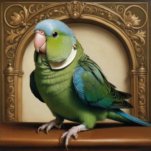 Prompt: 
Renaissance style painting of a green parrotlet forpus wearing an Elizabethan collar 
