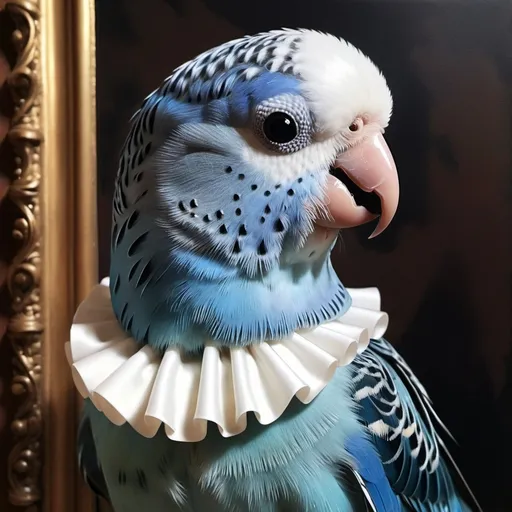 Prompt: 
Renaissance style painting of a blue budgie wearing an Elizabethan collar 
