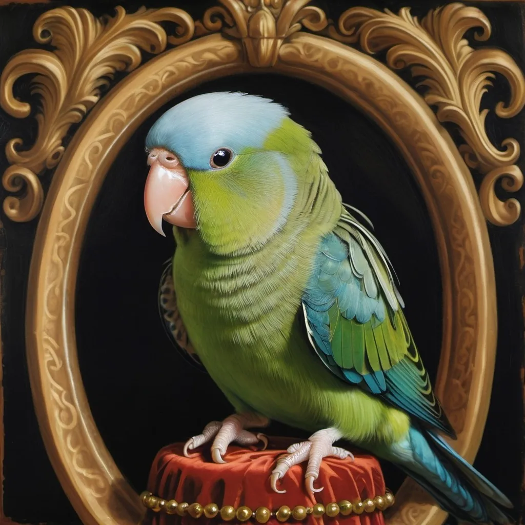 Prompt: 
Renaissance style painting of a green parrotlet (forpus) wearing an Elizabethan collar 
