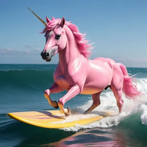 Prompt: A pink unicorn surfing on the ocean with just one horn

