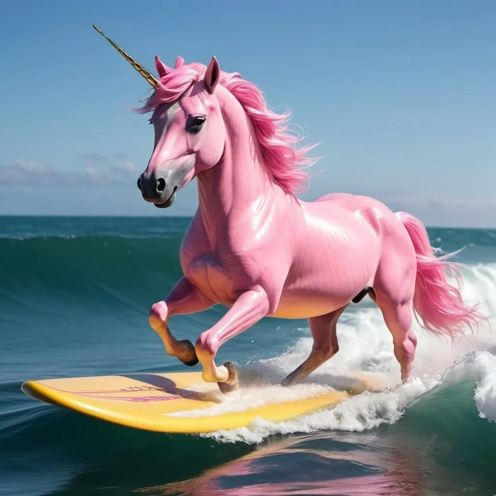 Prompt: A pink unicorn surfing on the ocean with just one horn

